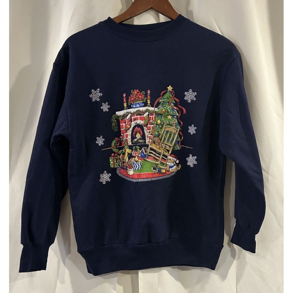 Basic Editions Christmas Sweatshirt Women's Small Blue Grannycore Sweater